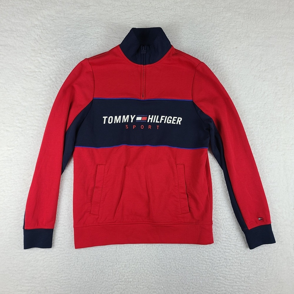 Tommy Hilfiger Sport Sweater Mens XS Extra Small Blue Red Spell Out Quarter Zip